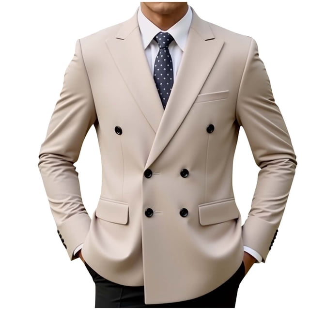 Men's Solid Color Blazer Long Sleeved Lapel Pocket Lightweight Suits Business Casual Buttons Suit Jackets Beige XXL