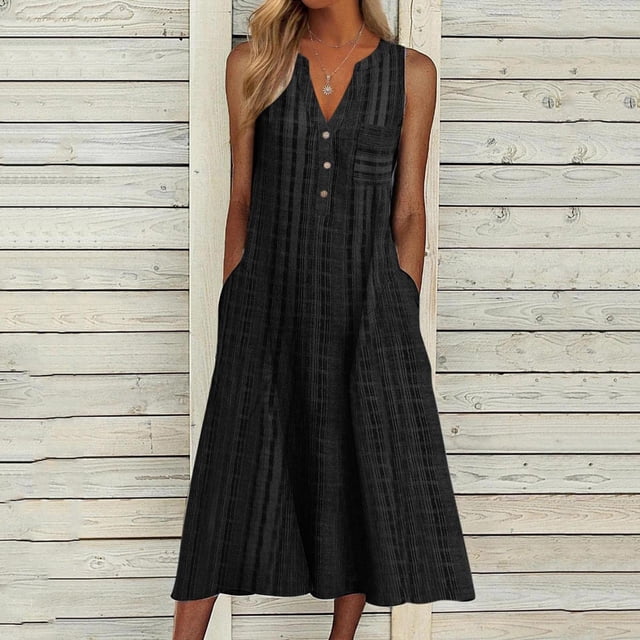 SMihono Robe Maxi Bohème d'Été pour Femmes Grande Taille Mode pour Femmes Décontractée Sans Manches à Col en V à Boutons à Rayures Imprimées avec Poche Robe Maxi Robe de Plage Évasée