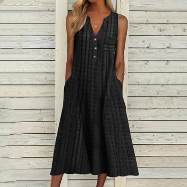 Cameland Women's Fashion Casual Sleeveless V-Neck Button Striped Print Pocket Maxi Dress Black S