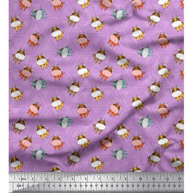 Soimoi Silk Fabric Triangle & Cow Cartoon Fabric Prints by Yard 42 Inch Wide