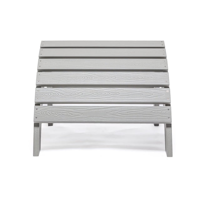 Backyard Lifestyles Outdoor Footrest in light gray polycarbonate with wood grain texture, six horizontal slats, and angled legs for stable support, weather-resistant and UV-protected, suitable for patios, decks, or gardens.