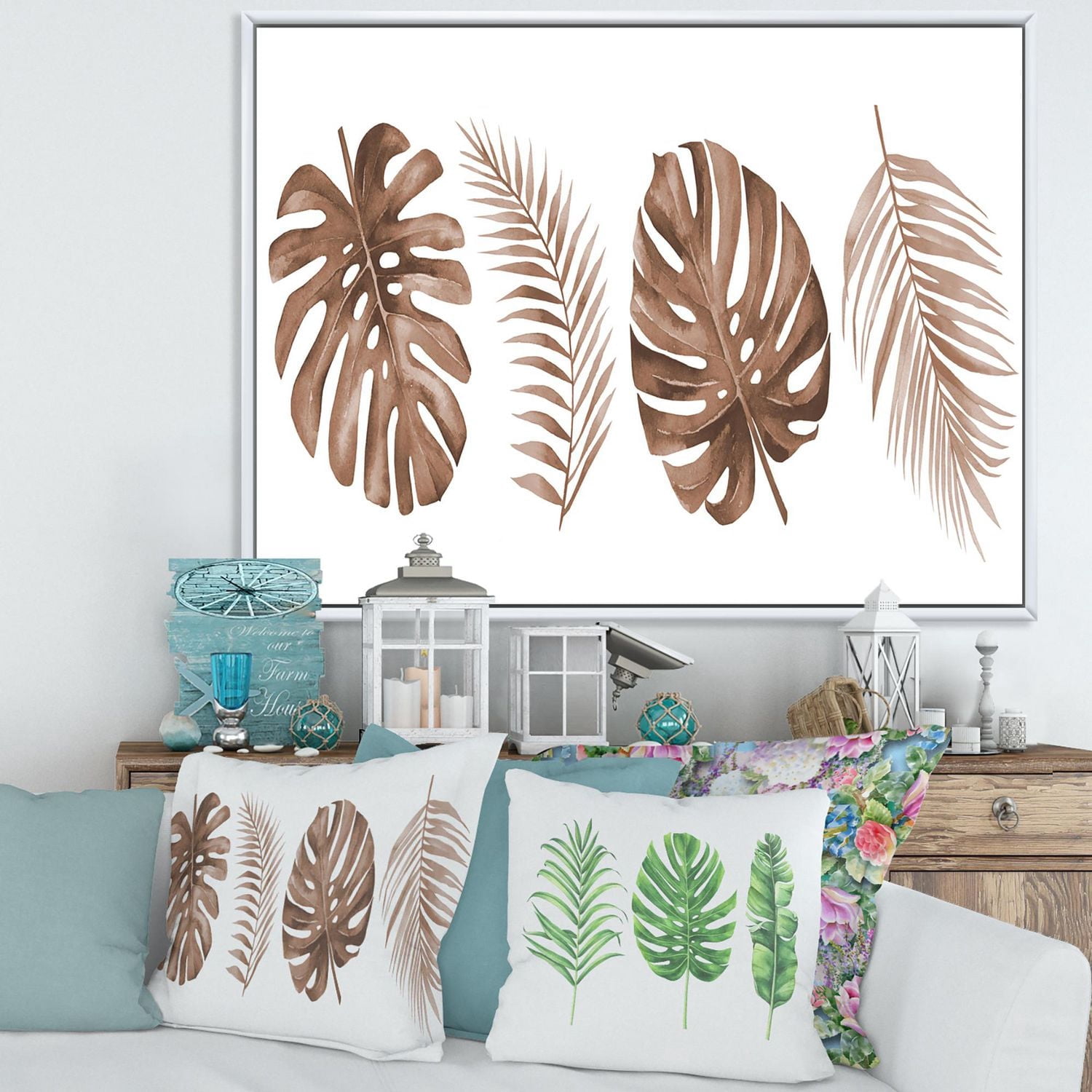 Designart Monstera tropical et feuille de palmier en terre cuite ART MURAL À CADRE FLOTTÉ