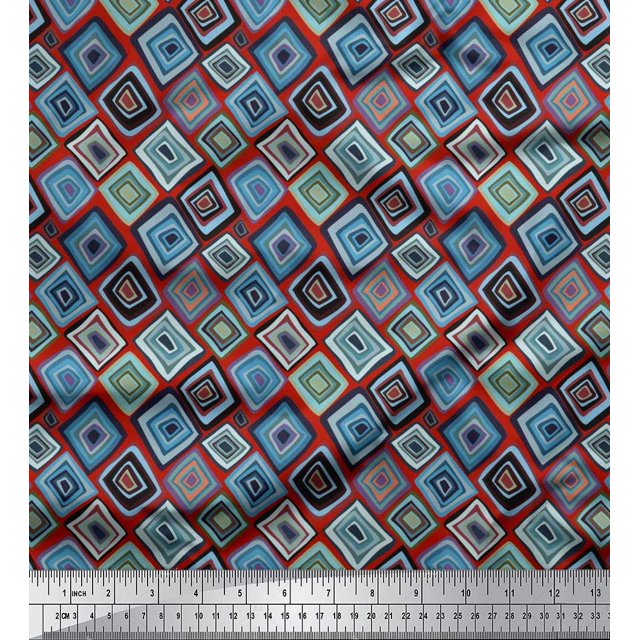 Soimoi Silk Fabric Square Geometric Print Sewing Fabric Yard 42 Inch Wide