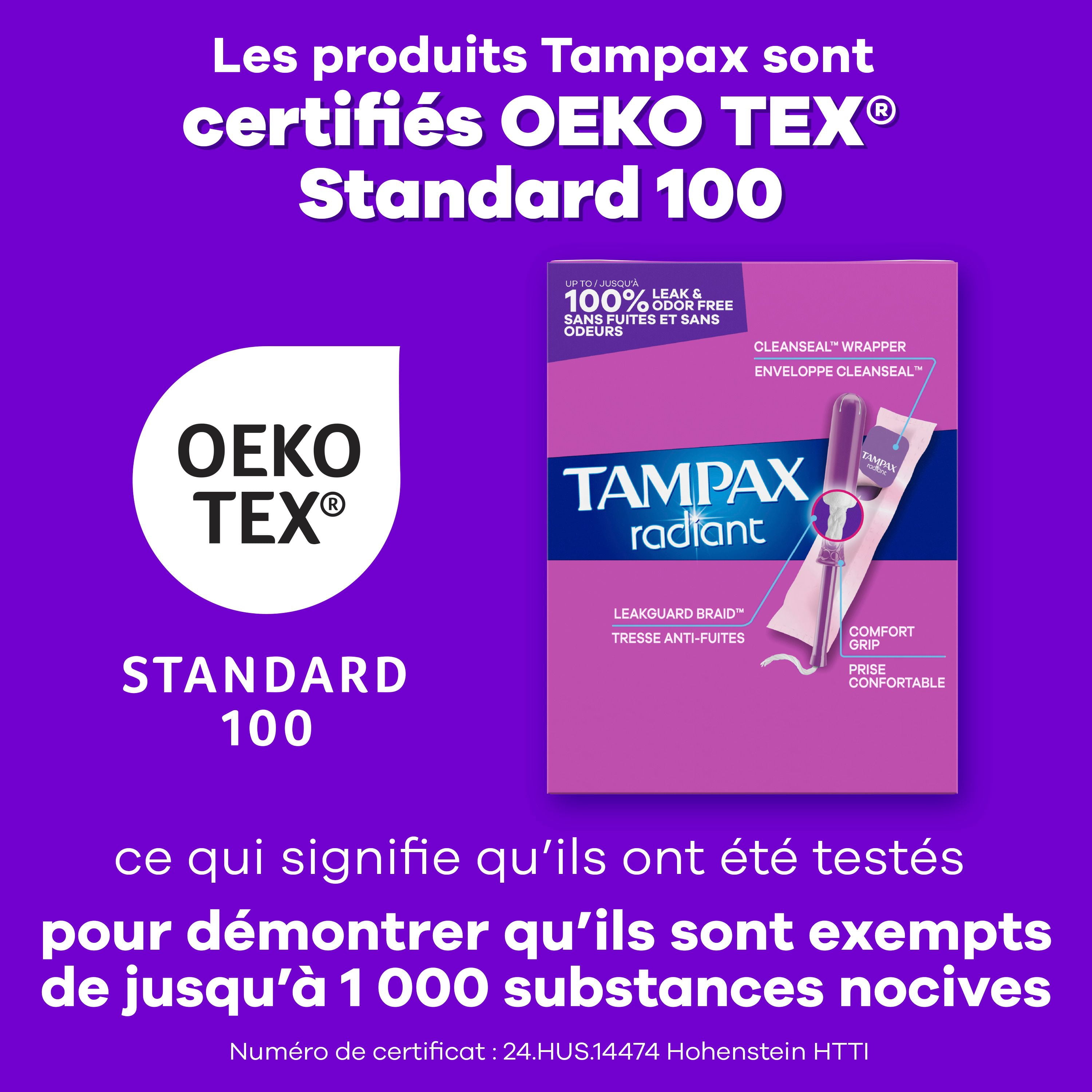 Tampax Radiant Emballage Multiple de Tampons, avec Tresse Anti-Fuites, Absorption Régulière/super, Non Parfumés