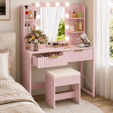 Ktaxon Lighted Makeup Vanity, Pink Vanity Table Set with 2 Drawer and Charging Station, Femal Gift