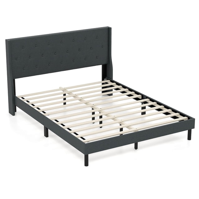 Costway Queen Size Bed Frame Linen Upholstered Mattress Foundation with Wooden Slats