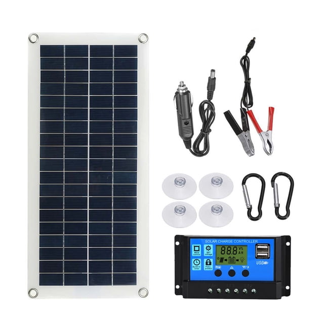 Yeacher Portable 300W Solar Flexible Panel Kit featuring a multicolour polysilicon solar panel, USB charging interface, and a solar charge controller. Includes dual USB ports, suction cups, carabiners, and connection cables. Ideal for 12/24V systems in RVs, cars, and phones.