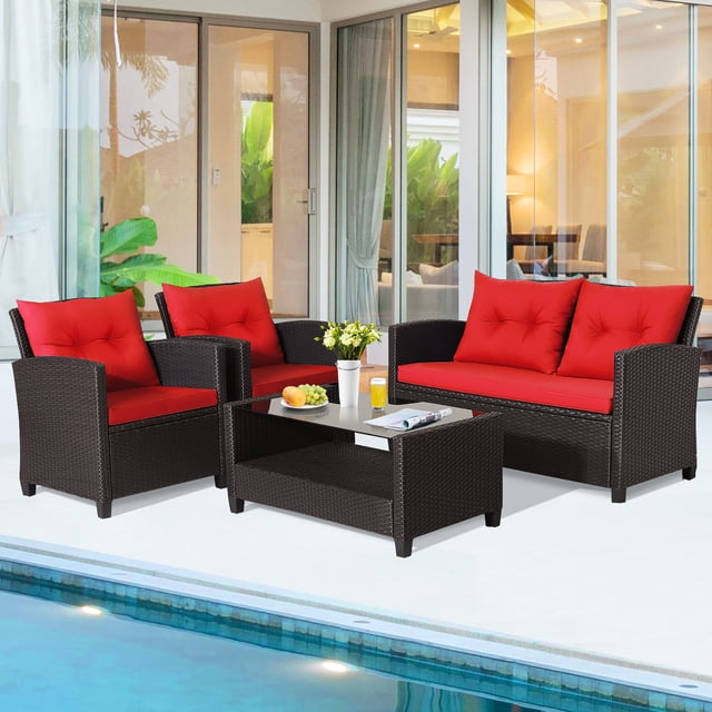 Gymax 4PCS Outdoor Conversation Set Patio PE Rattan Set w/ Glass Table & Sofa Cushions Red