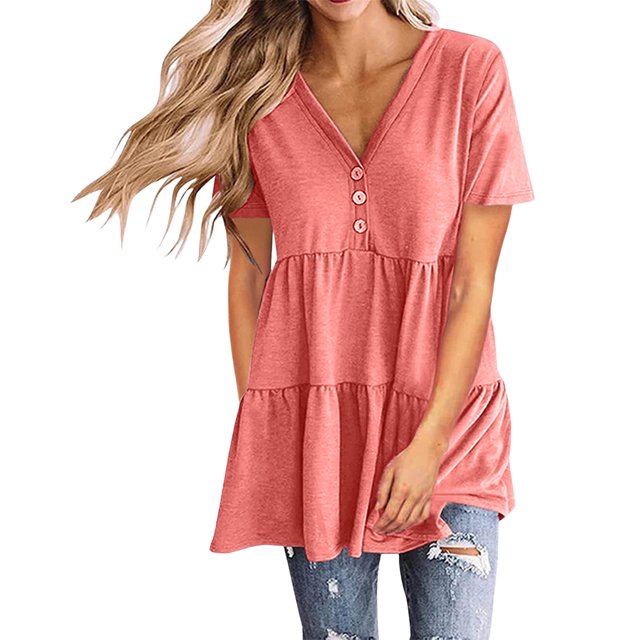 asjyhkr Womens Short Sleeve Tops Oversized V Neck Loose Fitting Comfy Lightweight Soft Tees Solid Color