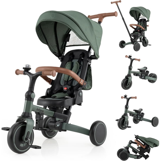 Tricycle Pliable 9-en-1 pour Tout-Petits INFANS, Convertit la Poussette en Draisienne avec Poignée de Poussée Réglable, Auvent et Dossier, Conversion à Pédales, Roues Arrière Rétractables pour Poussette-Tricycle Convertible de 1 à 6 Ans avec Cadre en Aluminium, Poignée de Poussée Parentale Réglable à 3 Positions, Auvent avec Fenêtre en Maille, Siège Réversible et Harnais à Cinq Points; Pédales Amovibles et Roues Arrière Pliables. Capacité de Charge 55 Lb (25 kg).