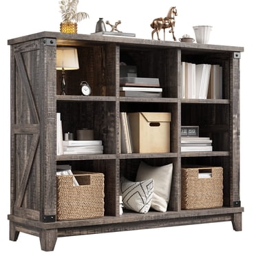 Exenoray Farmhouse Cube Storage Bookshelf, 9 Cube Organizer Cabinet with Open Shelves, Wood Bookcase for Living Room, Bedroom & Home Office, Dark Oak, 37.5" W
