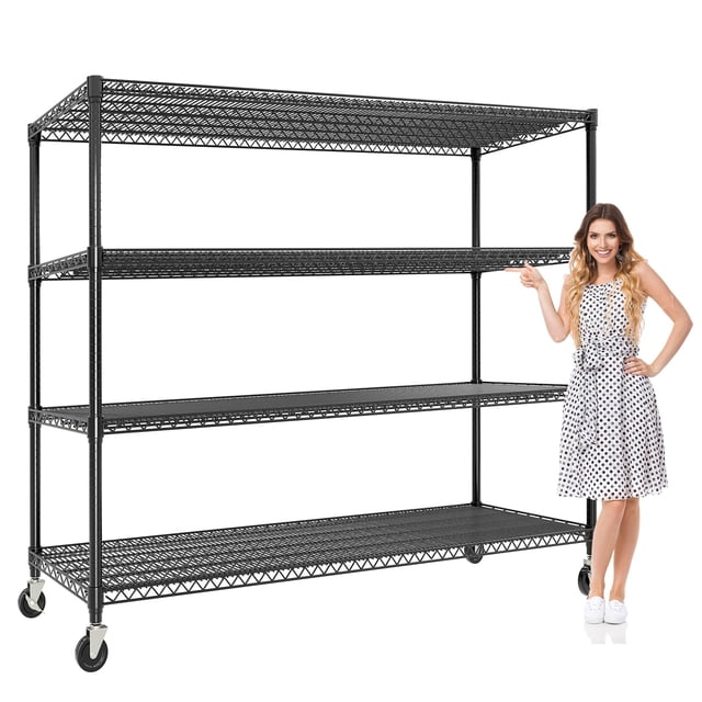 Commercial Heavy Duty Metal Wire Shelving Unit with Wheels – 4 Adjustable Tiers – 2640 lbs Capacity – Food Service Storage Rack for Industrial, Garage, Kitchen Use – 73.8"H x 59"W x 23.9"D