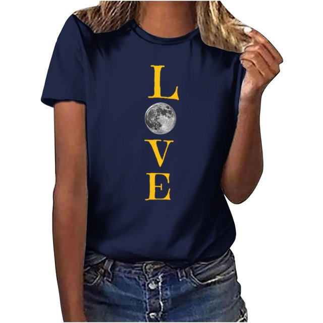 Penkiiy T-Shirt Musulman Ramadan pour Femmes T-Shirts Graphiques Mignons pour Femmes Col Rond Manches Courtes Imprimé Lune T-Shirt Décontracté S Marine