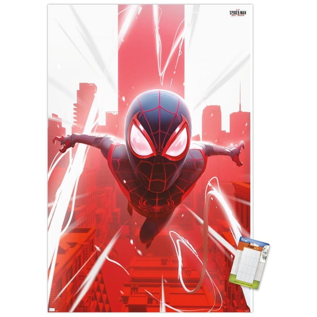 Marvel's Spider-Man: Miles Morales - Falling Wall Poster, 22.375" x 34" depicting Miles Morales in his black and red Spider-Man suit diving forward over a red cityscape with white web trails, printed on glossy poster paper suitable for bedroom or office wall decor.
