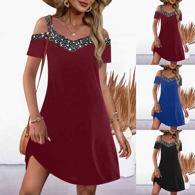 Gspmoly Robes d'Été, Robe d'Été Mini à Épaules Dénudées Aguichant Imprimée pour Femme, Robe à Manches Courtes à Col en V, Robes de Soirée pour Femmes en Liquidation