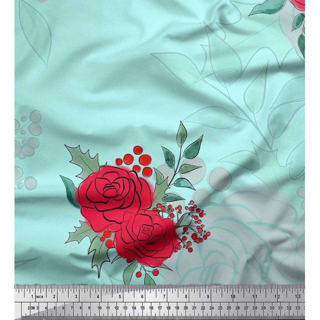 Soimoi Poly Georgette Fabric Holly Leaves & Rose Flower Print Sewing Fabric Yard 42 Inch Wide