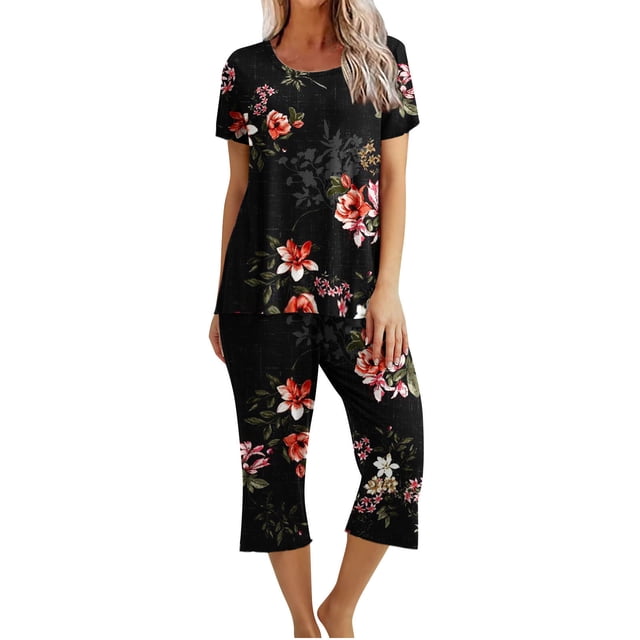drppepioner Ensemble pour Femme Imprimé Col Rond Manches Courtes Chemise de Nuit et Pantalon Ensembles Tenue d'Intérieur Pyjamas avec Poches