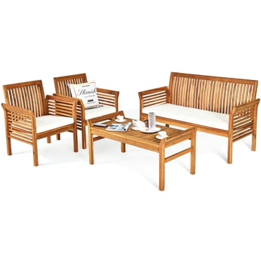 Patiojoy 4-Piece Patio Acacia Wood Sofa Set Conversation Table Chairs with Beige Cushions