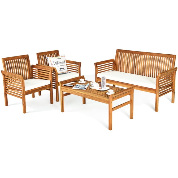 Patiojoy 4-Piece Patio Acacia Wood Sofa Set Conversation Table Chairs with Beige Cushions