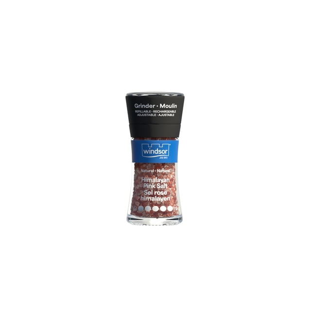 Windsor Moulin à Sel Rose de l'Himalaya 70 g avec une Bouteille en Verre Transparente recyclable Remplie de Cristaux de Sel Rose Grossier Naturels, Doté d'Un Dessus de Moulin Noir Ajustable et Rechargeable Étiqueté « Moulin Broyeur » et d'Une Étiquette de Marque Windsor Bleue, Convient pour Assaisonner les Repas et Compléter la Déco de Cuisine.