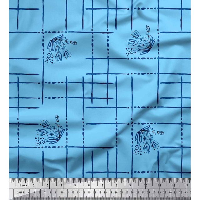Soimoi Blue polyester Crepe Fabric Leaves & Geometric Print Fabric by the Yard 52 Inch Wide