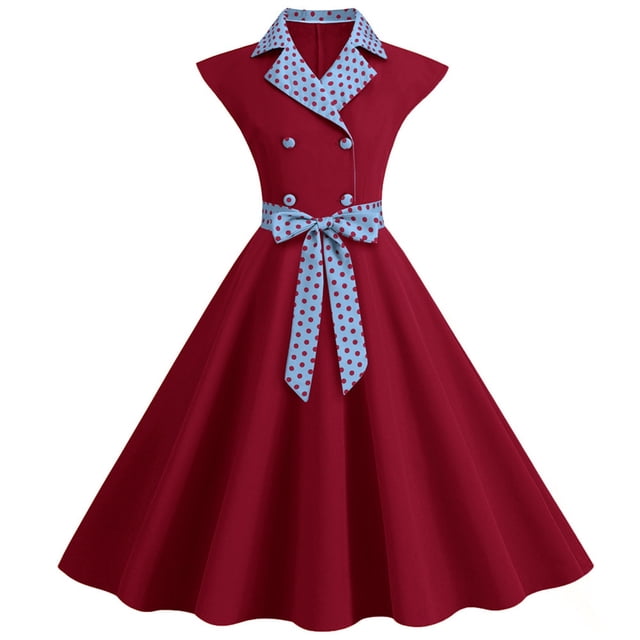 Cameland Robe Vintage Évasée pour Femmes, Ligne A, Nœud, Bal, Col Rabattu, Sans Manches, Imprimé à Pois, Robe de Soirée