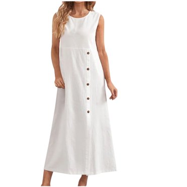 Birdeem Womens Spring/Summer Sleeveless Casual Tank Top Dress Solid Round Button Decoration Long Split Neck Pleated Cotton Linen Dress