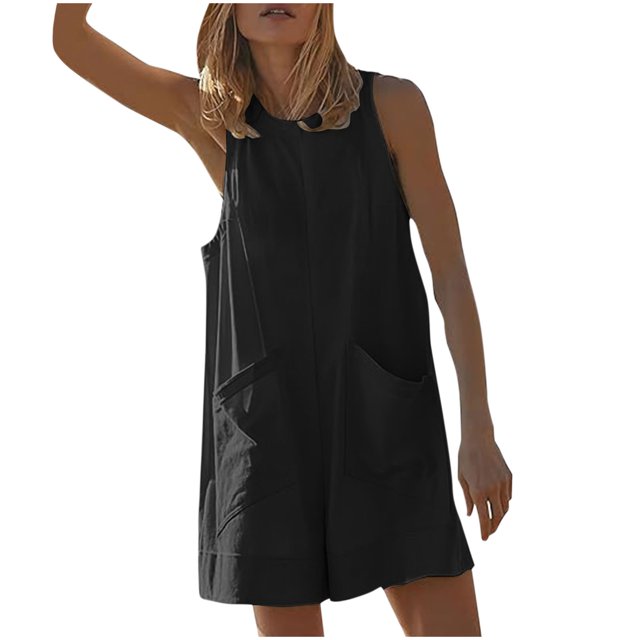 RKSTN Combinaisons pour Femmes 2024 Mode d'Été Couleur Unie Dos Ajouré Combinaison Coupe Ample Col Rond Sans Manches Poches Combinaisons