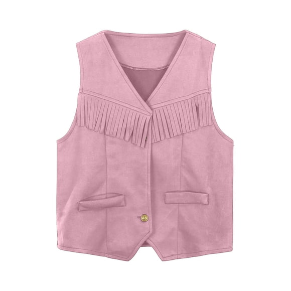XASZHN Boys Girls Western Cowboy Cow Girl Outfits Open Front Fringe Vest Party Dress up Tassel Fringe Waist Coat Tops Pink_001 5-6 Years
