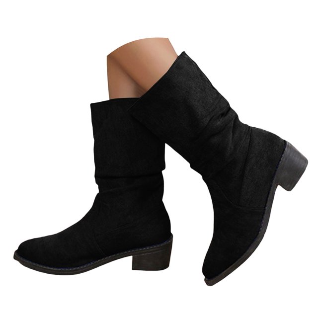 Dakaela Bottes Western Plissées pour Femmes en Suède Style Cowboy Larges Mi-Mollet Bottillons Bout Rond à Enfiler Chaussures de Marche