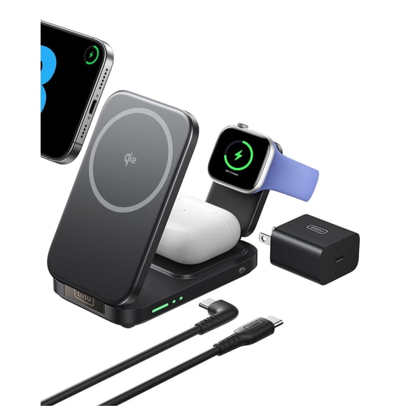 INIU 3 in 1 Wireless Charging Station, Qi2 Certified 15W Travel Charger for Apple Multiple Devices, Foldable Charger Stand for iPhone 17 16
