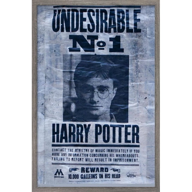 The Wizarding World: Harry Potter - Undesirable Wall Poster, 22.375" x 34", a glossy high-resolution print of a vintage black and white wanted poster with bold 'UNDESIRABLE No. 1 HARRY POTTER' text, a 10,000 Galleons reward, and Ministry of Magic contact info, framed in light wood, perfect for wall art and home décor.