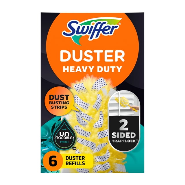 Swiffer Dusters Heavy Duty Multi-Surface Duster Refills package with six yellow refills featuring blue dust-busting strips, 2-sided trap and lock design, and Unstopables fresh scent for effective dust and allergen removal in tight spaces.