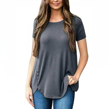 asjyhkr T-Shirts d'Été pour Femmes à Col Rond, Coupe Ample, T-Shirts, Couleur Unie, T-Shirts Décontractés