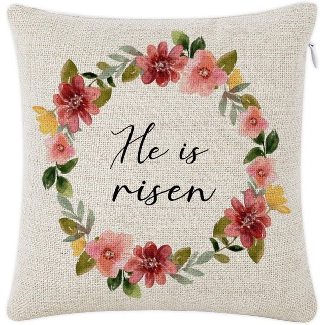 Linen Throw Pillow Cover "He is Risen" 16x16 Square Cushion Case Perfect for Bed Dorm Car Study Decor