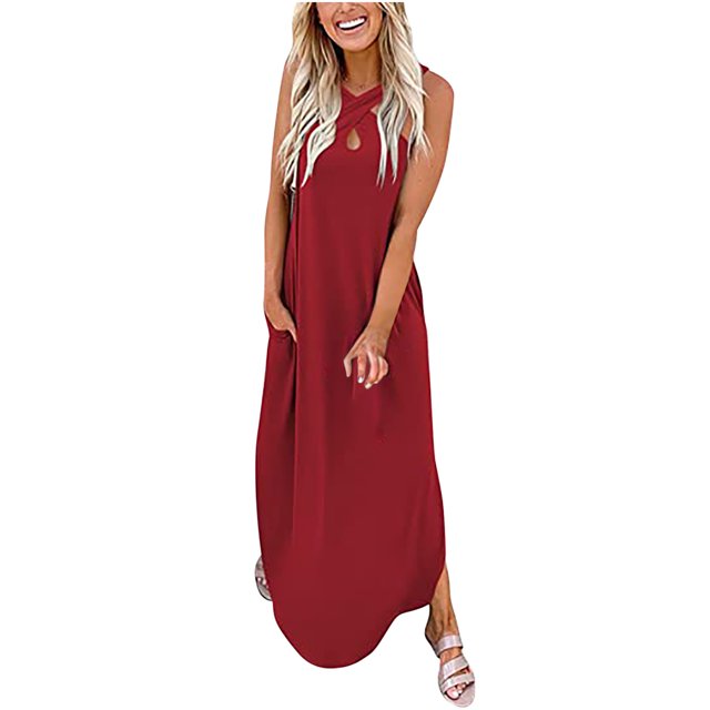 Lenago Robes Grande Taille pour Femmes 2023 Robe Longue d'Été Décontractée Sans Manches Fendue avec Poches en Solde