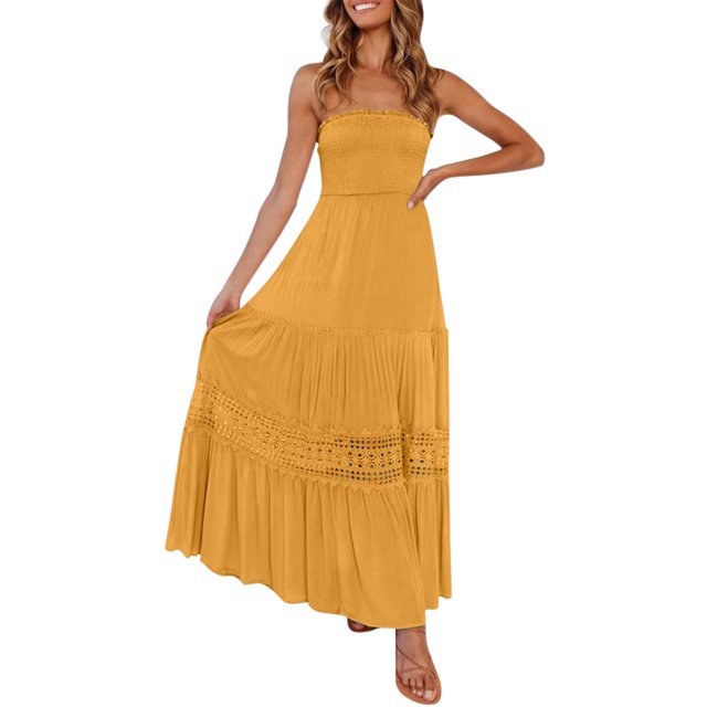Ketyyh-chn99 Robes Femmes Été 2024 Robe Soleil Robes pour Femmes Encolure Carrée Plissée Évasée Boho Robe d'Été Orange,m