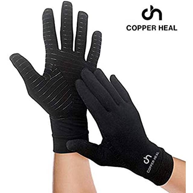 COPPER HEAL Arthritis Compression Gloves designed for rheumatoid arthritis, carpal tunnel, RSI, osteoarthritis, and tendonitis. These full-hand gloves are made of 88% copper nylon and 12% spandex, providing mild compression to increase blood circulation, reduce pain, and promote healing. The gloves are black with a visible Copper Heal logo on the wrist and feature textured grips on the palm for added functionality.