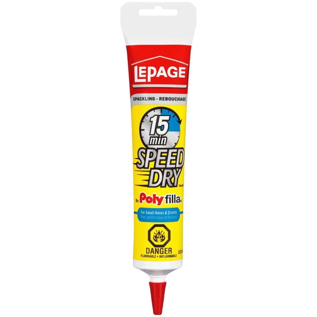 LePage Polyfilla Instant Wall Repair in a yellow and red squeeze tube with a red nozzle, labeled for 15-minute fast drying spackling, ideal for drywall repair and surface prep of small holes and cracks, with flammable warning and bilingual text.