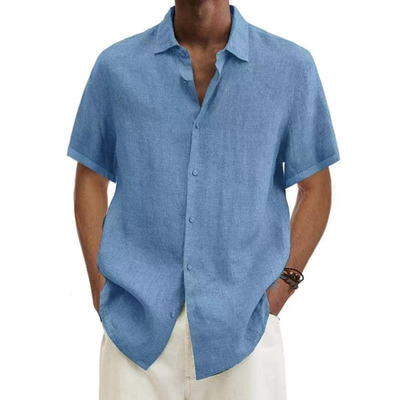 lcziwo Men's Cotton Linen Shirt Casual Button Down Shirts Lightweight Short Sleeve Shirts Summer Dress Shirts Blouse 2024 Light Blue XL