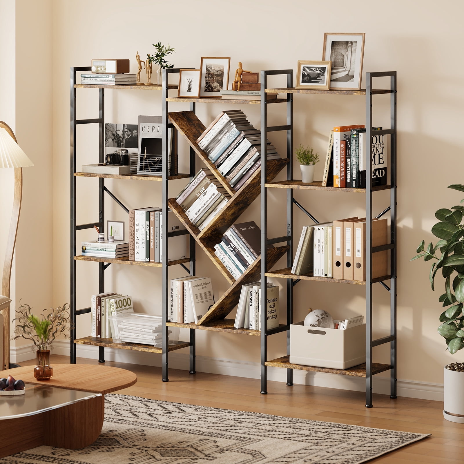 Large Book Shelf with Modern Tree Display Shelves, Industrial 4 Tier Bookshelves and Bookcases, Heavy Duty Metal Frame Tall Bookshelf for Living Room, Home Office - Rustic Brown