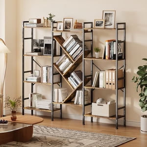 Grande étagère de livre avec des étagères modernes d'affichage d'arbre, industriel 4 Bibliothèques et étagères Tier, Lourde structure en métal Étagère de grande taille pour salon, bureau à domicile - Marron rustique