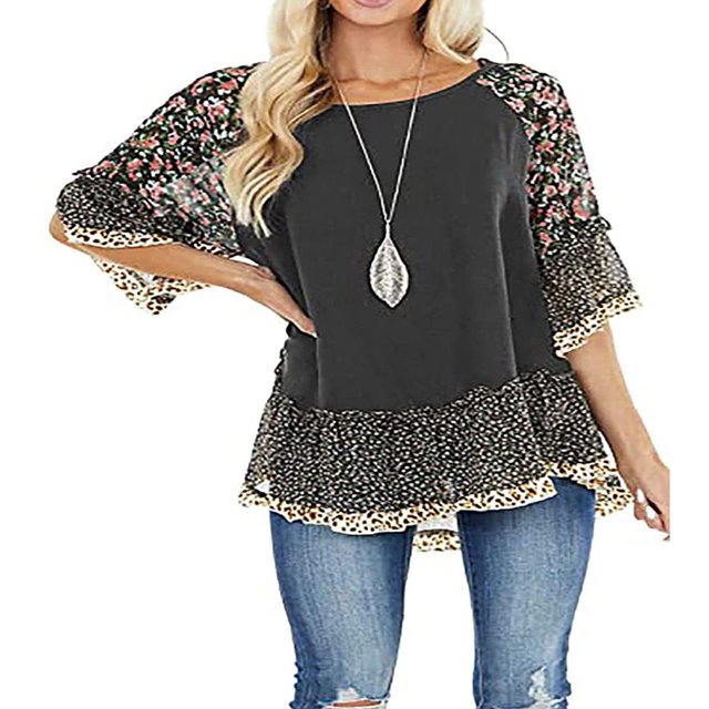 Blouse Femme Manches 3/4 Ourlet Floral Imprimé Léopard Ample