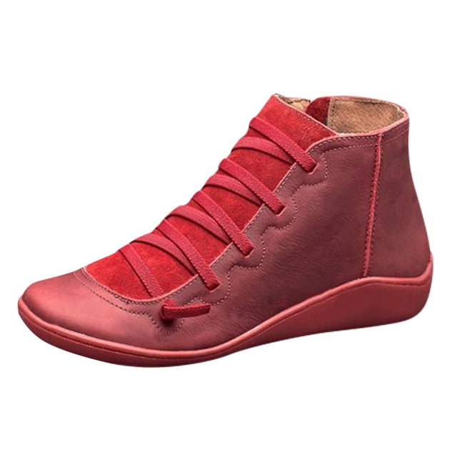 Kcodviy Bottes pour Femmes en Cuir à Bout Rond Décontractées à Lacets Bottes Hautes pour Femmes Bottes Latérales pour Femmes Largeur Grand Bout Plat Bottes à Fermeture Éclair Bottes pour Femmes Talon Bas Bottes Rétro pour Femmes