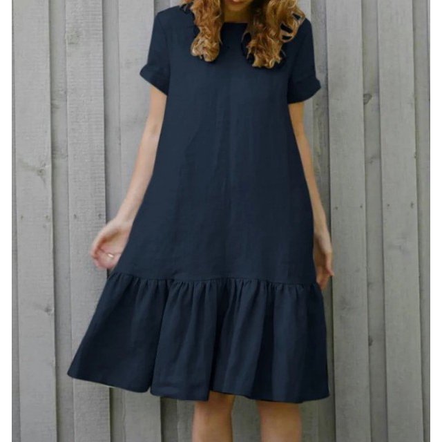 JUNWELL Été Robes Femmes Mode Sans Manches Lâches à Manches Courtes O Cou Coton Lin Robe Nouvelle Couleur Unie Boho Plage Robe Femme