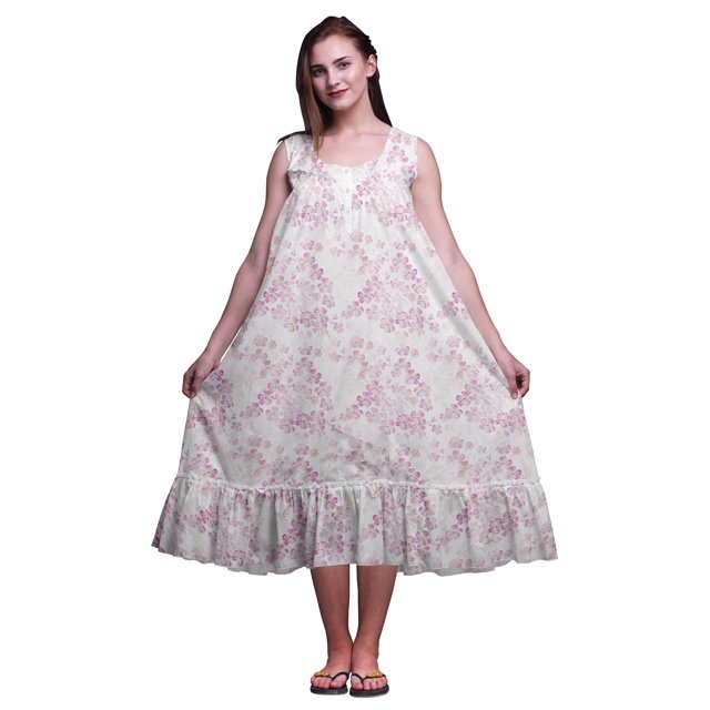 Bimba White9 Floral Poppy Anemone Imprimé Coton Chemises de Nuit pour Femmes Robe Sans Manches Tenue de Nuit Robe Maxi Grand