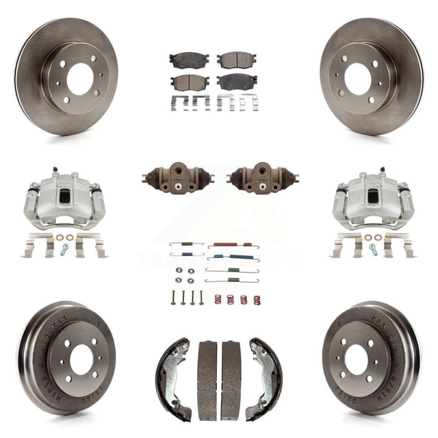 Transit Auto Front Rear Disc Brake Caliper Rotors Drums Semi-Metallic Pads Shoes Wheel Cylinders and Hardware Kit (11Pc) for Car 2006 Hyundai Accent Hatchback To 09 30 05 KC8-100904P