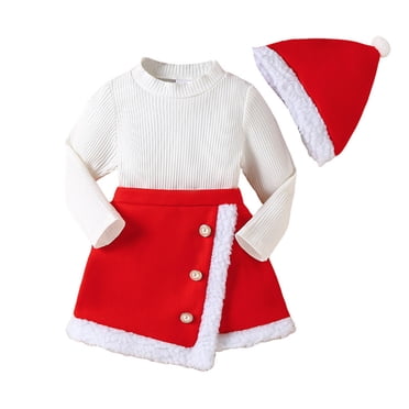 Zanarzt Vêtements d'Automne et d'Hiver pour Tout-Petites Filles Ensemble de Noël pour Tout-Petites Filles Haut à Manches Longues avec Petite Jupe à Franges à Boutons devant Ensemble Trois Pièces Rouge,12-18 Mois