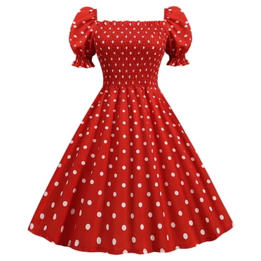 Wiyuqeen Robes Vintage des Années 1950 pour Femmes à Pois, Manches Courtes Bouffantes, Encolure Carrée, Robes Smockées Évasées Ligne A, Robes de Cocktail pour Fête