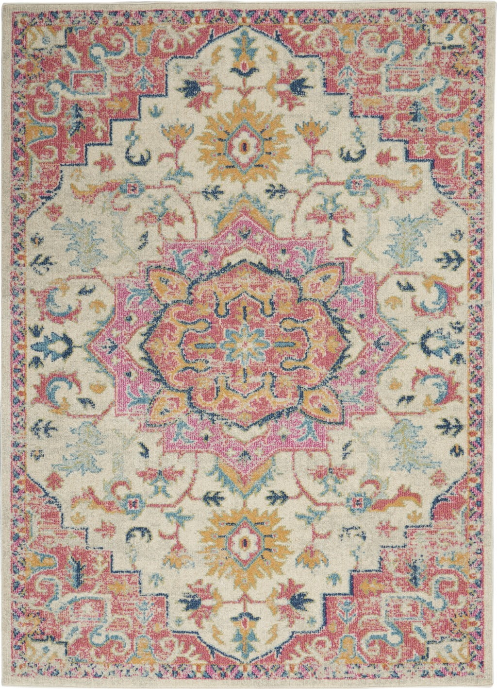 homeroots home decor 385592 7’ x 10’ Ivory and Pink Medallion Area Rug